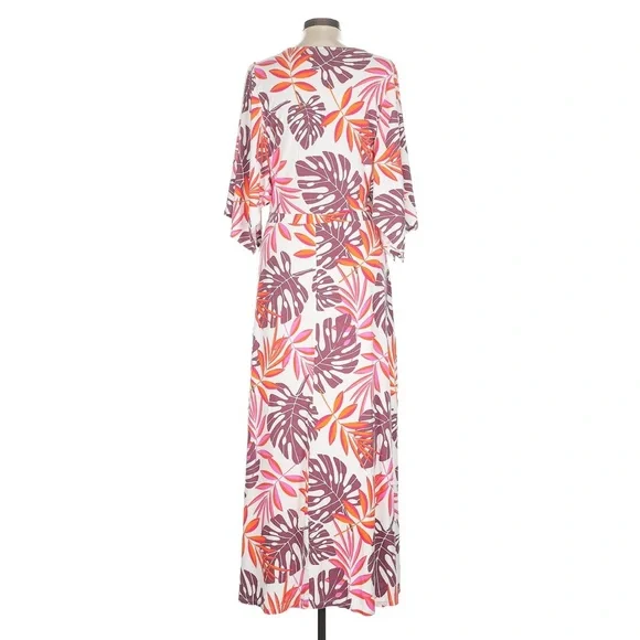 G by Giuliana Pink & Orange Stretchy Tropical Leaf Print Maxi Caftan Dress Large - Picture 3 of 7